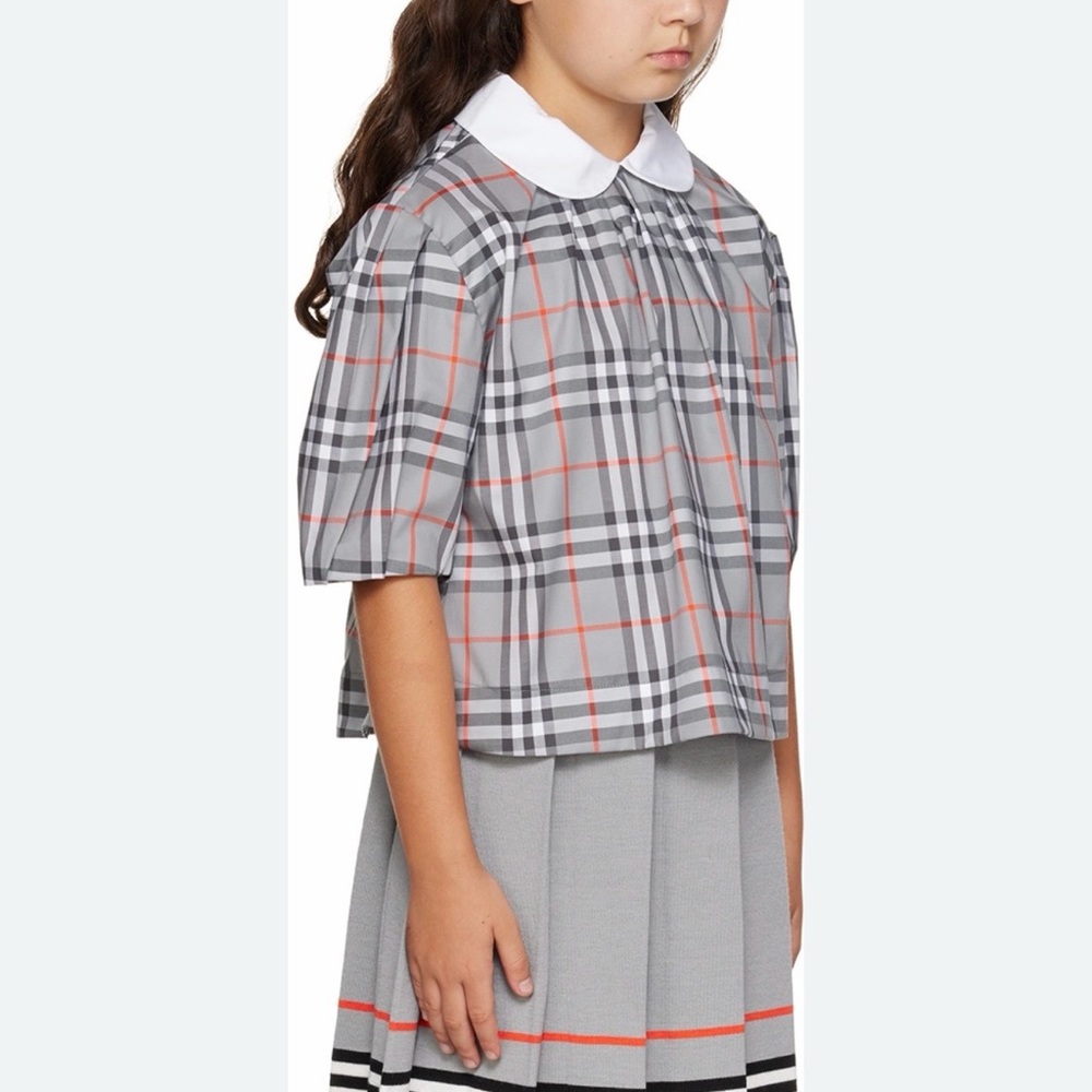 Burberry Kids Gray and Red Checkered Blouse with White Collar